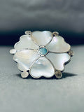 Beautiful Vintage Native American Zuni Mother Of Pearl & Blue Gem Turquoise Sterling Silver Ring-Nativo Arts