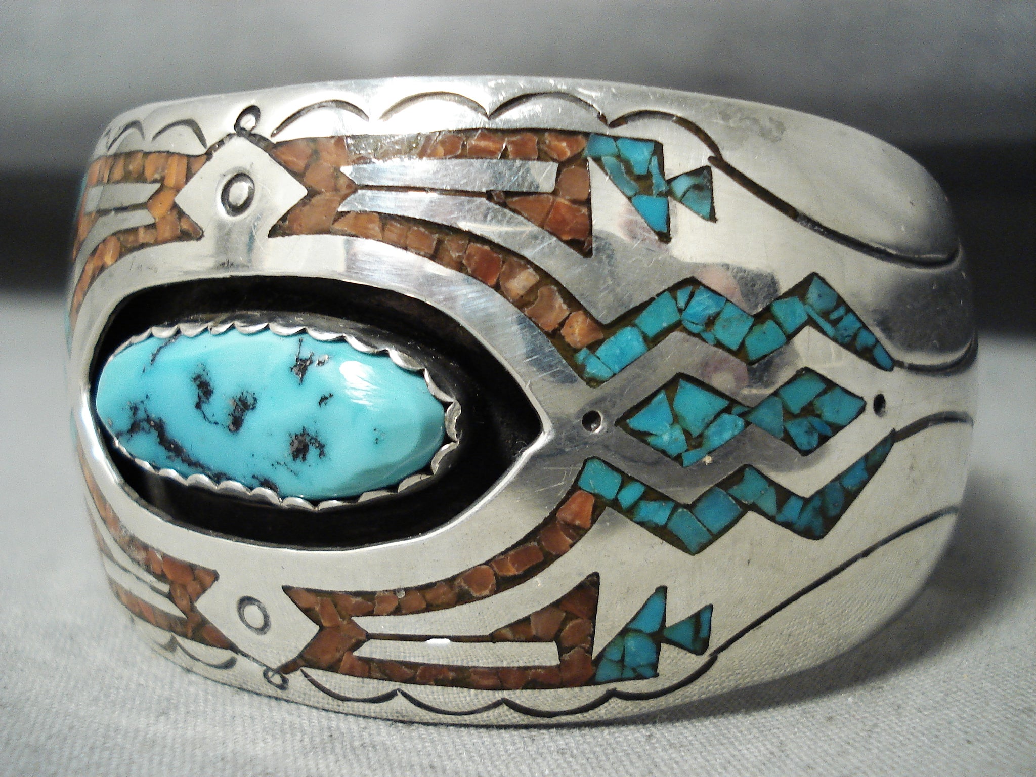 Beautiful popular Vintage Native American Navajo Hand Stamped Coral and Morenci Turquoise Shadowbox Cuff Bracelet