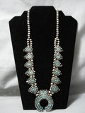 Opulent Early 1900's Native American Zuni Turquoise Sterling Silver Squash Blossom Necklace-Nativo Arts