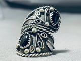 Dynamic Adjustable Vintage Native American Navajo Jet Sterling Silver Ring Signed-Nativo Arts