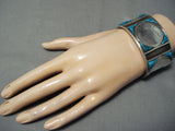 Huge Heavy Unique Vintage Native American Navajo Turquoise Inlay Sterling Silver Bracelet Old-Nativo Arts