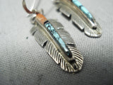 Native American Intricate Vintage Navajo Feather Turquoise Inlay Sterling Silver Earrings-Nativo Arts