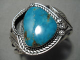 Huge Vintage Native American Navajo Carico Lake Turquoise Sterling Silver Leaf Bracelet Old-Nativo Arts