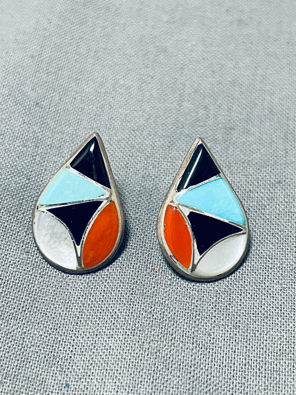 Native American Focused Work Vintage Zuni Turquoise Coral Inlay Sterling Silver Earrings-Nativo Arts