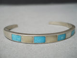 Thick Vintage Native American Zuni Navajo Turquoise Inlaid Sterling Silver Bracelet Old-Nativo Arts