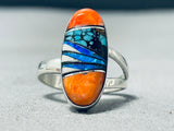 Vibrant Native American Navajo Turquoise Spiny Opal Inlay Sterling Silver Large Ring-Nativo Arts