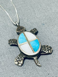 Awesome Vintage Native American Zuni Blue Gem Turquoise Mother Of Pearl Inlay Turtle Necklace-Nativo Arts