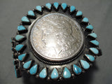 Striking Huge Vintage Native American Navajo Coin Sterling Silver Turquoise Bracelet Old-Nativo Arts