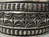 Important Stamp Genius Sterling Silver Wide Native American Navajo Bracelet Cuff-Nativo Arts
