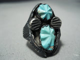 So Detailed!! Vintage Native American Navajo Zuni Turquoise Leaf Sterling Silver Ring Old-Nativo Arts