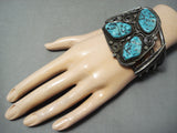 Huge Triple Nugget Turquoise Vintage Native American Navajo Sterling Silver Bracelet-Nativo Arts
