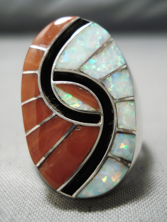 Huge Heavy Zuni Native American Opal Coral Sterling Silver Ring-Nativo Arts