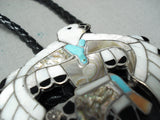 Native American Dancing Eagle Kachian Vintage Zuni Turquoise Sterling Silver Bolo Tie Old-Nativo Arts
