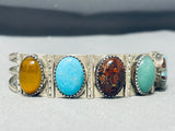 Rare Vintage Native American Navajo Turquoise Tiger Eye Petrified Wood Sterling Silver Bracelet-Nativo Arts