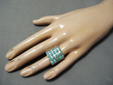 Native American Huge Vintage Navajo Turquoise Squared Inlay Sterling Silver Ring-Nativo Arts