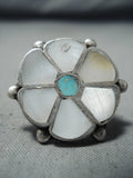 Marvelous Vintage Native American Zuni Inlay Blue Gem Mother Of Pearl Sterling Silver Ring Old-Nativo Arts