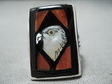 Important Zuni Inlay Coral Eagle Sterling Silver Ring Native American-Nativo Arts