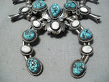 Amazing Vintage Native American Navajo Turquoise Pearl Sterling Silver Squash Blossom Necklace-Nativo Arts