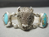 So Intricate!! Vintage Native American Navajo Sterling Silver Buffalo Turquoise Bracelet-Nativo Arts