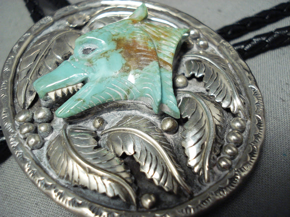 Very Rare Vintage Native American Navajo Hand Carved Turquoise Sterling Silver Bolo Tie-Nativo Arts