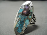 Important Native American Zuni Harland Coonsis Turquoise Sterling Silver Bird Inlay Ring-Nativo Arts