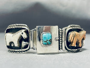 Native American Very Rare Fetish Horse Turquoise Clasp Sterling Silver Channel Bracelet-Nativo Arts
