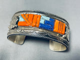 Native American One Of The Most Unique Vintage Navajo Coral Sterling Silver Lapis Bracelet-Nativo Arts