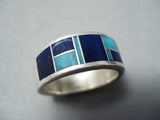 Eyecatching Vintage Native American Navajo Turquoise Lapis Inlay Sterling Silver Ring Old-Nativo Arts