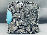 Native American 251 Grams Solid Sterling Silver Turquoise Buffalo Bracelet Cuff-Nativo Arts