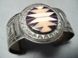 Native American Pink And Purple Shell Vintage Navajo Sterling Silver Geomtric Bracelet-Nativo Arts