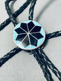 Fascinating Native American Zuni Inlay Blue Gem Turquoise Black Onyx Sterling Silver Bolo-Nativo Arts