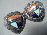 Intricate Vintage Native American Navajo Turquoise Heart Sterling Silver Earrings-Nativo Arts