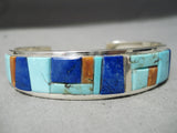 Colorful Native American Navajo Inlay Turquoise Lapis Coral Sterling Silver Bracelet-Nativo Arts