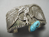 Detailed Flying Eagle Native American Navajo Turquoise Sterling Silver Heavy Bracelet-Nativo Arts