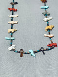 Colorful Native American Zuni Turquoise Shell Coral Bear Birds Fetish Sterling Silver Necklace-Nativo Arts