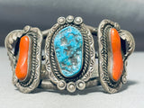 Tom Toledo Vintage Native American Navajo Morenci Turquoise Coral Sterling Silver Bracelet-Nativo Arts