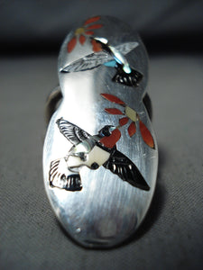 Native American Double Hummingbird Vintage Zuni Inlay Coral Turquoise Birds Sterling Silver Ring-Nativo Arts