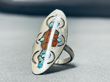 Authentic Vintage Native American Navajo Turquoise Coral Inlay Sterling Silver Ring Old-Nativo Arts