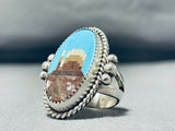 Important Native American Navajo Signed Inlay Turquoise Shell Scene Sterling Silver Ring-Nativo Arts