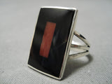 Important Native American Zuni Harlan Coonsis Coral Inlay Sterling Silver Ring-Nativo Arts
