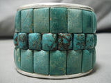 Native American One Of The Best Green Turquoise Inlay Sterling Silver Heavy Cuff Bracelet!-Nativo Arts