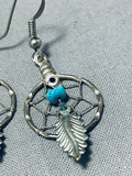 Intricate Vintage Native American Navajo Turquoise Sterling Silver Dreamcatcher Earrings-Nativo Arts