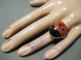 Wonderful Navajo Coral Jet Sterling Silver Ladybug Ring Native American-Nativo Arts