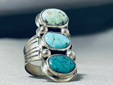 Towering Vintage Native American Navajo 3 Turquoise Sterling Silver Large Ring-Nativo Arts