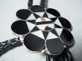 Remarkable Native American Zuni Inlay Jet Turquoise Coral Sunface Sterling Silver Bolo-Nativo Arts