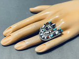 Very Detailed Piano Key Vintage Native American Zuni Turquoise Sterling Silver Inlay Ring-Nativo Arts