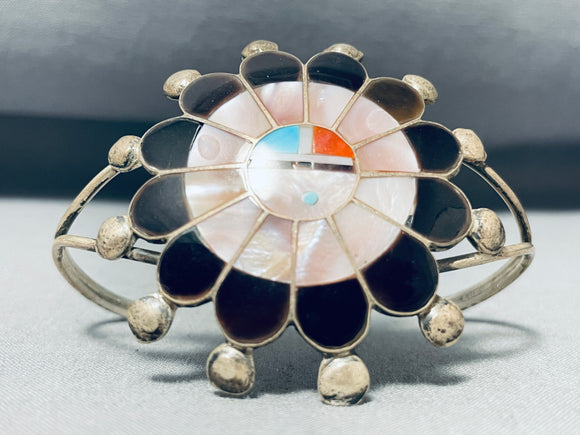 Best Vintage Native American Zuni Turquoise Coral Jet Sterling Silver Sunface Bracelet-Nativo Arts