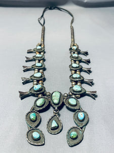 Royston Turquoise Vintage Native American Navajo Sterling Silver Squash Blossom Necklace-Nativo Arts