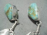 Native American Detailed Feather Genius Royston Turquoise Sterling Silver Earrings-Nativo Arts