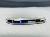 Impressive Native American Navajo Signed Inlay Synthetic Opal Jet Sterling Silver Bracelet-Nativo Arts